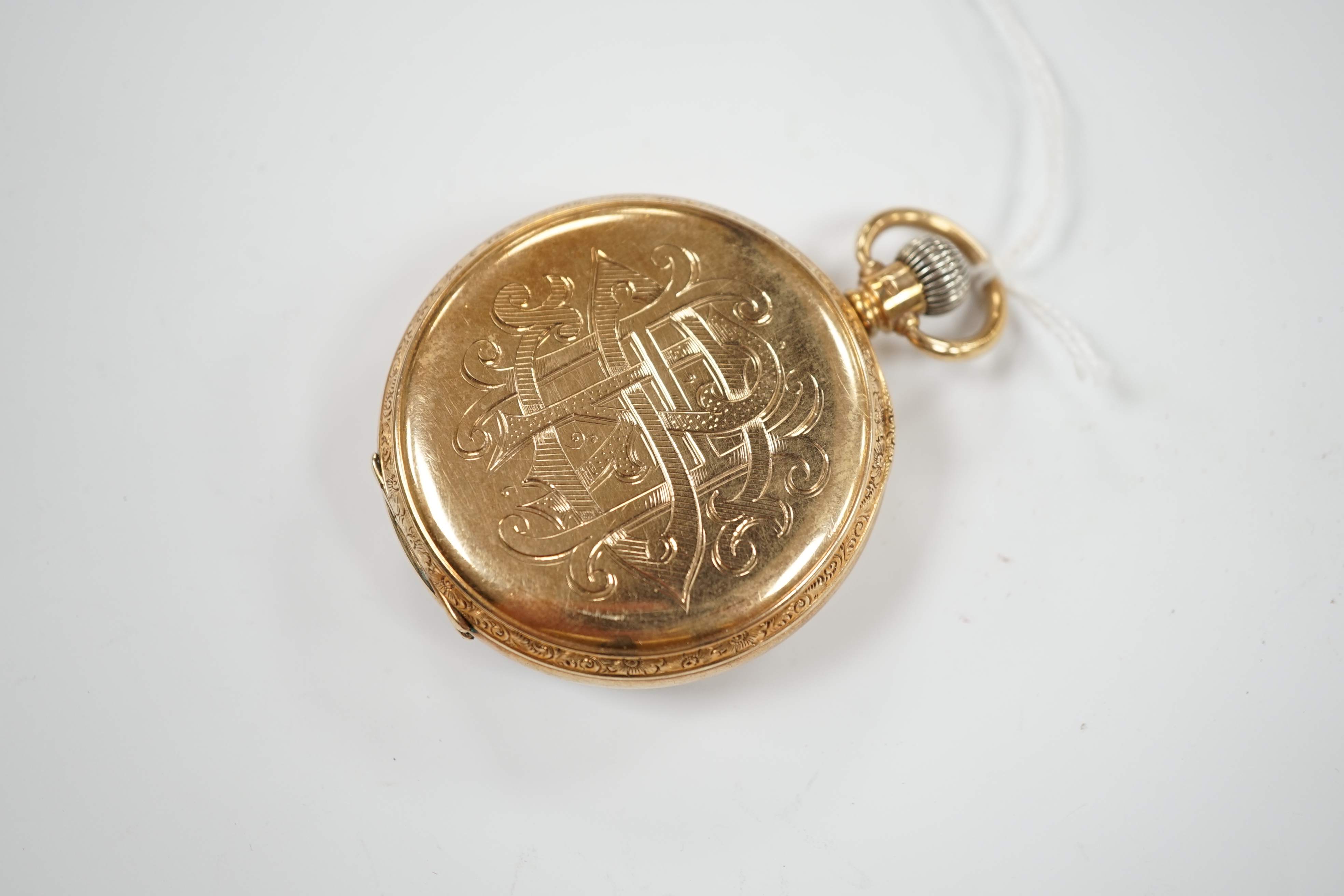 A George V 9ct gold Rolex open face keyless pocket watch, with Roman dial and subsidiary seconds, case diameter 48mm, gross weight 94.5 grams.